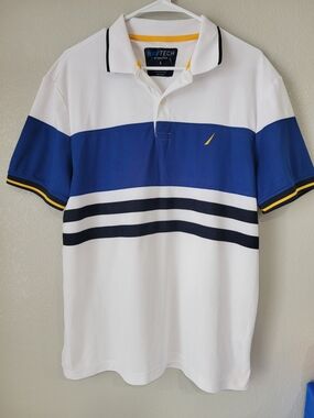 Nautica Men Polo Shirt White Blue Yellow Size L NavTech Striped Short Sleeve